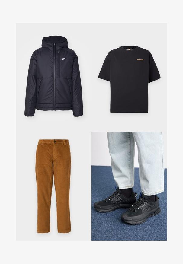 Casaco Nike preto, acolchoado, com fecho à frente e capuz. Apresenta um logo branco no lado esquerdo do peito e dois bolsos frontais. Textura exterior lisa.; Camiseta preta de mangas curtas e com decote redondo da Timberland, com um pequeno logótipo castanho no lado superior esquerdo do peito, apresentada sobre um fundo branco.; Calças de veludo cotelê castanhas com uma superfície texturada, pernas retas e uma cintura com um fecho de botão único.; Sapatilhas desportivas pretas com tecido texturizado e solas em borracha, apresentando atacadores elásticos e um detalhe azul no calcanhar. Usadas com calças de ganga claras.