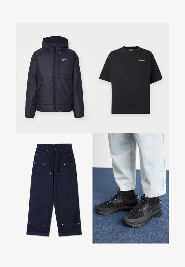 Must musta Nike jope, millel on ees lukuga avamine ja kapuuts. Vasakpoolne rind on kaunistatud valge logoga ning ees on kaks taskut. Sile välimine tekstuur.; Must helevarviga must Timberlandi T-särk lühikeste varrukatega ja ümar kaelus, mille ülemises vasakus rinnas on väike beež logo, esitatud valgel taustal.; Tumedat denimit laiad püksid, millel on kaks eesmist taskut, hõbedased detailid ja kontrastsed punased õmblused. Omab nööbiga sulgemist ja brändi logo.; Mustad mustad jooksukingad, millel on tekstureeritud kangas ja kummist tallad, elastsed nöörid ning sinine aksent kandadel. Kandmine heledate teksadega.