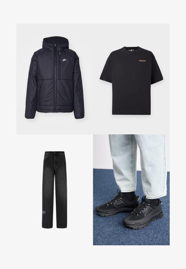 Czarna, pikowana kurtka Nike z przednim zamkiem błyskawicznym i kapturem. Posiada białe logo po lewej stronie klatki piersiowej oraz podwójne kieszenie z przodu. Gładka struktura zewnętrzna.; Czarny t-shirt Timberland z krótkim rękawem i okrągłym dekoltem, z małym brązowym logo na górnej lewej piersi, prezentowany na białym tle.; Czarne dżinsy o szerokich nogawkach i wysokim stanie, z dwoma przednimi kieszeniami i dekoracyjnym logo na dolnej części nogi.; Czarne buty sportowe z teksturowanej tkaniny i gumowymi podeszwami, z elastycznymi sznurówkami i niebieskim akcentem na pięcie. Noszone z jasnymi dżinsami.
