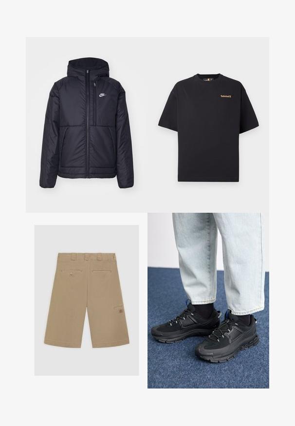 Čierna, polstrovaná bunda Nike so zipsom vpredu a kapucňou. Na ľavej strane hrude sa nachádza biele logo a sú tu dva predné vrecká. Hladký vonkajší povrch.; Čierne tričko Timberland s krátkym rukávom a okrúhlym výstrihom, s malým béžovým logom na hornej ľavej časti hrude, vystavené na bielom pozadí.; Svetlohnedé nohavice s plochým predným dielom, dvoma zadnými vreckami a bočným vreckom na cargo. Vyrobené z hladkej bavlnenej látky.; Čierne športové topánky s textúrovanou tkaninou a gumovou podrážkou, so elastickými šnúrkami a modrým akcentom na päte. Nosia sa s svetlými riflami.