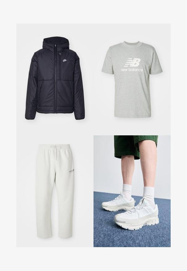 Jachetă Nike neagră, căptușită, cu fermoar pe față și glugă. Prezintă un logo alb pe pieptul stâng și două buzunare frontale. Textură exterioară netedă.; Tricou din bumbac gri deschis, cu mâneci scurte, decolteu rotund și logo-ul alb "New Balance" expus proeminent pe față.; Pantaloni de jogging gri deschis, confecționați dintr-un material moale, având un brâu elastic cu șnur și un detaliu mic al logo-ului pe coapsa stângă.; Pantofi sport albi cu suprapuneri texturate, talpă masivă și accente gri. Purtați cu șosete albe până la glezne și pantaloni scurți verzi pe o suprafață albastră.