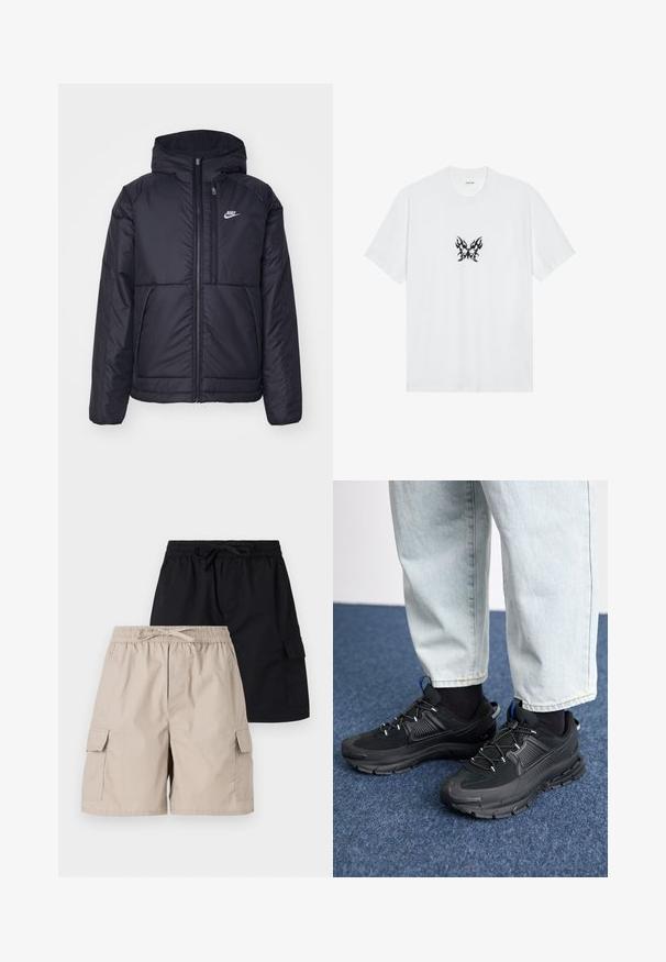 Svart, polstret Nike-jakke med frontglidelås og hette. Har en hvit logo på venstre bryst og doble frontlommer. Glatt ytterside.; Hvit bomulls t-skjorte med kort erme og rund hals. Har et sentralt svart flamme-mønster av sommerfuglgrafikk. Glatt tekstur.; To par med cargo shorts, en beige og en svart, med elastiske midjebånd, snorstramming og sidelommer.; Svarte sportssko med teksturert stoff og gummisåler, med elastiske lisser og en blå detalj på hælen. Brukt med lyse denimbukser.
