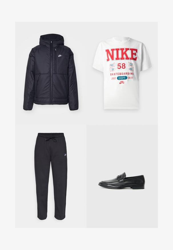 Giacca Nike nera, imbottita, con zip frontale e cappuccio. Presenta un logo bianco sul lato sinistro del petto e doppie tasche frontali. Texture esterna liscia.; T-shirt bianca in cotone con testo grafico audace in rosso e blu: "NIKE 58 EST 2002 SKATEBOARDING JUST DEPT. DO IT" e dettagli del logo.; Pantaloni della tuta neri realizzati in tessuto morbido con vita elastica, coulisse e un piccolo logo Nike sulla coscia sinistra.; Mocassini in pelle nera con punta arrotondata, dettagli cuciti, ampia fascia sul dorso del piede e tacco basso e piatto. Finitura liscia.