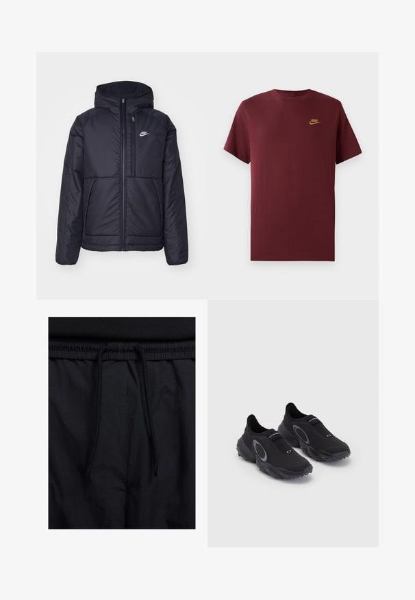 Jachetă Nike neagră, căptușită, cu fermoar pe față și glugă. Prezintă un logo alb pe pieptul stâng și două buzunare frontale. Textură exterioară netedă.; Tricou Nike cu mânecă scurtă de culoare maronie, cu logo-ul auriu Nike pe partea stângă a pieptului, design simplu cu gât rotund, afișat pe fundal alb.; Șorturi negre cu un brâu reglabil, dintr-un material ușor cu o textură netedă și un design simplu, fără logo-uri sau modele vizibile.; Tenisi negri slip-on cu un superior texturat și talpă din cauciuc. Au un accent circular gri și o bandă elastică pe partea instep-ului pentru o potrivire confortabilă.