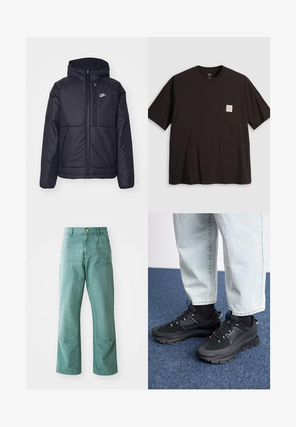 Czarna, pikowana kurtka Nike z przednim zamkiem błyskawicznym i kapturem. Posiada białe logo po lewej stronie klatki piersiowej oraz podwójne kieszenie z przodu. Gładka struktura zewnętrzna.; Czarna bawełniana koszulka z okrągłym dekoltem, krótkimi rękawami i kwadratową kieszenią z różowo-białą metką na lewej piersi.; Spodnie o szerokich nogawkach w kolorze turkusowym, wykonane z denimu. Posiadają przednie kieszenie z ukośnymi otworami oraz metalowe zatrzaski.; Czarne buty sportowe z teksturowanej tkaniny i gumowymi podeszwami, z elastycznymi sznurówkami i niebieskim akcentem na pięcie. Noszone z jasnymi dżinsami.