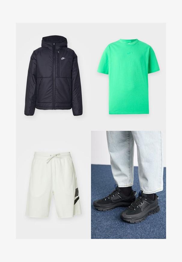 Črna, podložena Nike jakna z sprednjim zadrgo in kapuco. Ima bel logo na levem prsnem delu in dvojna sprednja žepa. Gladka zunanja tekstura.; Zeleni bombažni T-shirt s kratkimi rokavi, krožnim ovratnikom, s strojno vezenim logotipom Nike v nekoliko temnejši zeleni barvi na prsih.; Svetlo sivi bombažni šortsi z elastiko v pasu, nastavljivim vezalko in črnimi logotipom Nike na levi strani.; Črne športne čevlje z teksturirano tkanino in gumijastimi podplati, ki imajo elastične vezalke ter modre poudarke na peti. Nosi se z lahkimi denim hlačami.