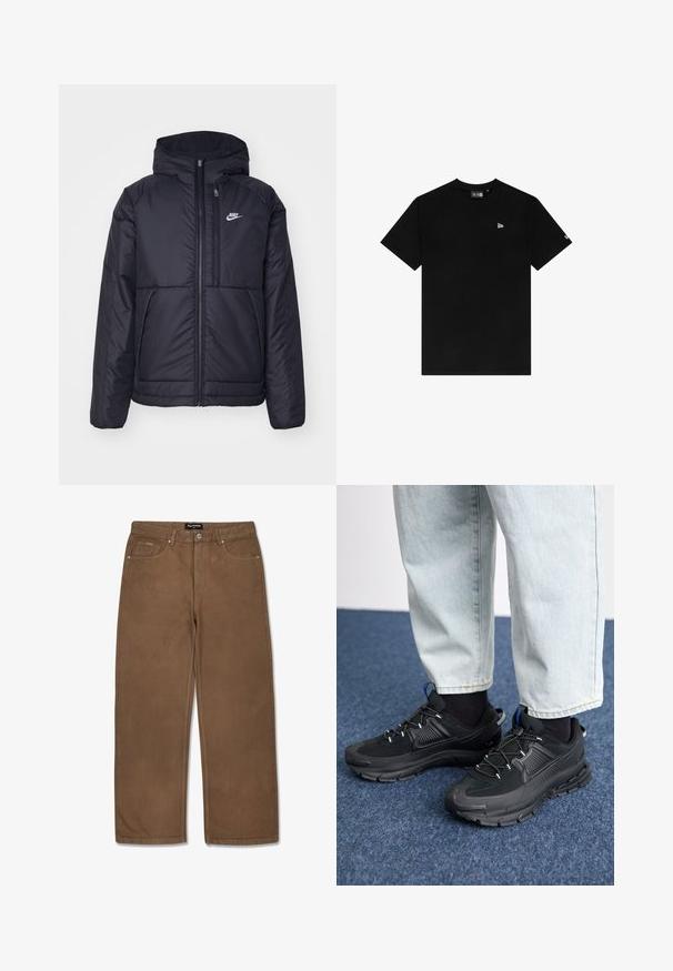 Svart, polstret Nike-jakke med frontglidelås og hette. Har en hvit logo på venstre bryst og doble frontlommer. Glatt ytterside.; Svart bomull T-skjorte med rund hals, korte ermer, med et lite hvitt logo på venstre bryst og ingen ekstra mønstre eller aksenter.; Brune denimbukser med rett bendesign, fem lommer, knappelukking og diskret sømdetalj langs sømmene.; Svarte sportssko med teksturert stoff og gummisåler, med elastiske lisser og en blå detalj på hælen. Brukt med lyse denimbukser.
