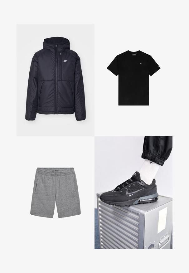 Zwarte, gewatteerde Nike-jas met een voorkant met ritssluiting en capuchon. Kenmerkt zich door een wit logo op de linkerborst en dubbele frontzakken. Gladde buitenkant.; Zwart katoenen T-shirt met een ronde hals, korte mouwen, met een klein wit logo op de linkerborst en zonder verdere patronen of accenten.; Grijze sportieve shorts met een elastische tailleband, twee zijzakken en een klein logo detail aan de voorkant. Zachte, gestructureerde stof.; Nike Sportswear PULSE - Sneakers laag - black/anthracite