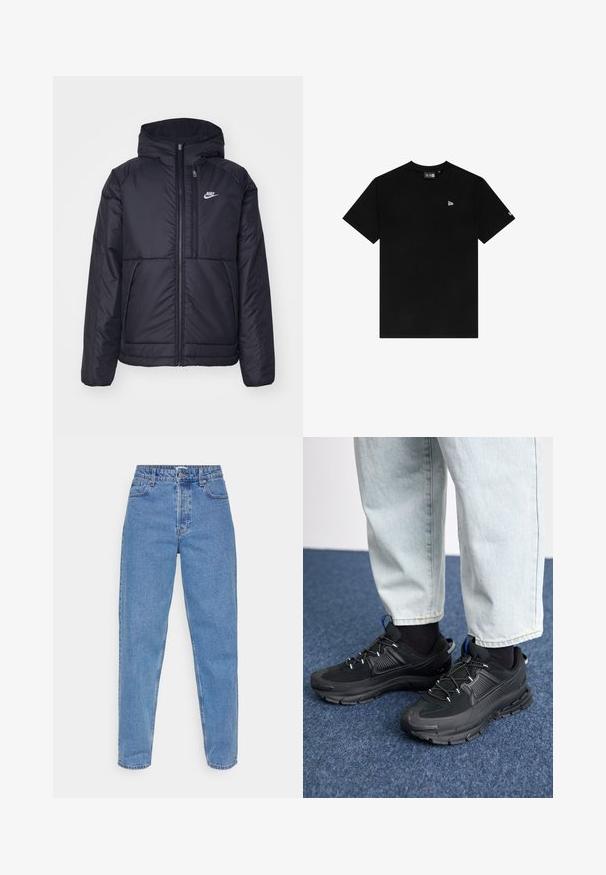 Musta, pehmustettu Nike-takki, jossa on etuvetoketju ja huppu. Vasemmassa rinnassa on valkoinen logo ja takissa on kaksinkertaiset etutaskut. Pintakoe on sileä.; Musta puuvillapaita pyöreällä kaula-aukolla, lyhyillä hihoilla, joissa on pieni valkoinen logo vasemmassa rinnassa eikä muita kuvioita tai koristeita.; Vaaleansinisiä farkkuja, korkea vyötärö ja suora lahkeen leikkaus, joissa on viisi taskua sekä klassinen nappi- ja vetoketjukiinnitys.; Mustat urheilukengät, joissa on teksturoitu kangas ja kumipohjat, elastiset nauhat ja sininen yksityiskohta kannassa. Yhdistetty vaaleisiin farkkuihin.