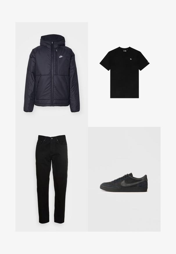 Svart, polstret Nike-jakke med frontglidelås og hette. Har en hvit logo på venstre bryst og doble frontlommer. Glatt ytterside.; Svart bomull T-skjorte med rund hals, korte ermer, med et lite hvitt logo på venstre bryst og ingen ekstra mønstre eller aksenter.; Sorte slim-fit jeans med frontknaplukning og fem lomme design, vist mod en ensfarvet lys grå baggrund.; Sorte semskede sneakers med lav profil, gummisåle, teksturerte sidepaneler og tonet Nike swoosh-logo. Snøring foran, polstret krage.
