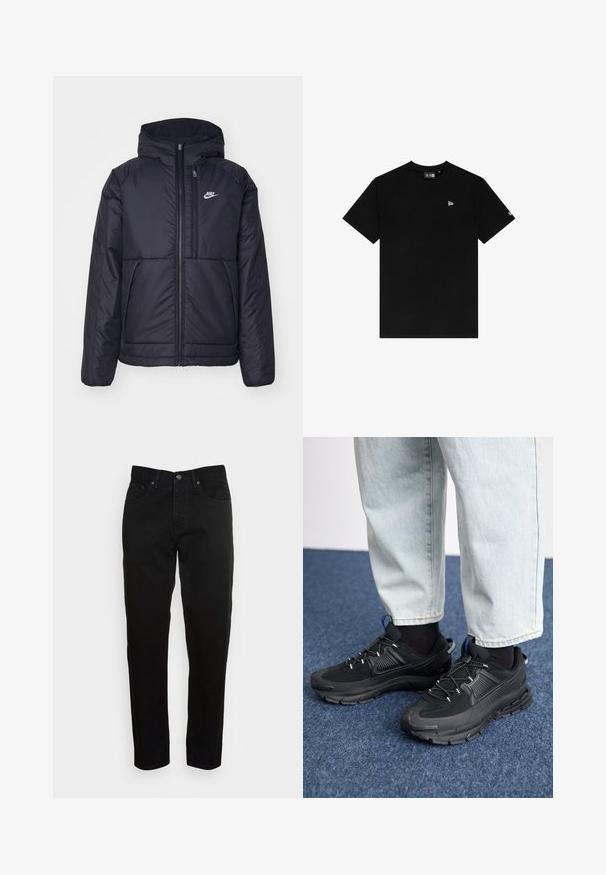 Casaco Nike preto, acolchoado, com fecho à frente e capuz. Apresenta um logo branco no lado esquerdo do peito e dois bolsos frontais. Textura exterior lisa.; T-shirt preta de algodão com decote redondo, mangas curtas, com um pequeno logótipo branco no lado esquerdo do peito e sem padrões ou detalhes adicionais.; Jeans slim-fit pretos com fecho frontal por botão e design de cinco bolsos, expostos contra um fundo cinza claro liso.; Sapatilhas desportivas pretas com tecido texturizado e solas em borracha, apresentando atacadores elásticos e um detalhe azul no calcanhar. Usadas com calças de ganga claras.