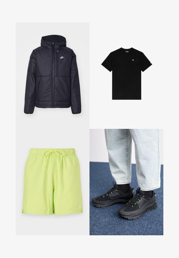 Črna, podložena Nike jakna z sprednjim zadrgo in kapuco. Ima bel logo na levem prsnem delu in dvojna sprednja žepa. Gladka zunanja tekstura.; Črna bombažna majica s krožnim izrezom, kratkimi rokavi, ki ima majhen bel logotip na levem prsnem delu in brez dodatnih vzorcev ali dodatkov.; Neon zelene kopalne hlače z elastičnim pasom in vrvico, ki imajo stranske razpoke in majhen bel logotip na spodnjem robu.; Črne športne čevlje z teksturirano tkanino in gumijastimi podplati, ki imajo elastične vezalke ter modre poudarke na peti. Nosi se z lahkimi denim hlačami.