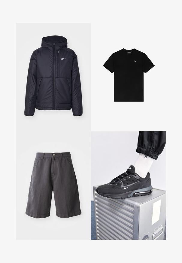 Zwarte, gewatteerde Nike-jas met een voorkant met ritssluiting en capuchon. Kenmerkt zich door een wit logo op de linkerborst en dubbele frontzakken. Gladde buitenkant.; Zwart katoenen T-shirt met een ronde hals, korte mouwen, met een klein wit logo op de linkerborst en zonder verdere patronen of accenten.; Donkergrijze katoenen shorts met een ontspannen pasvorm, voorzien van een knoopsluiting, riemlussen en zijzakken, ontworpen met een eenvoudige zoom.; Nike Sportswear PULSE - Sneakers laag - black/anthracite