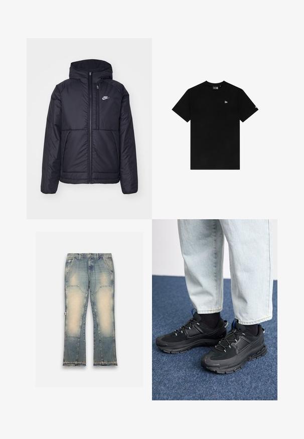 Fekete, párnázott Nike dzseki elülső cipzárral és kapucnival. A bal mellen fehér logó található, valamint két elülső zseb. Simának tűnő külső felület.; Fekete pamut póló, kerek nyakkal, rövid ujjú, bal mellen egy kis fehér logóval, további minták vagy díszítések nélkül.; Világoskék farmernadrág, elhasználódott dizájnnal, széles lábakkal, öt zsebbel és rojtos szegéllyel. Kontrasztos foltokkal rendelkezik a textúra fokozása érdekében.; Fekete sportcipők texturált anyaggal és gumitalppal, elasztikus fűzőkkel és kék kiegészítővel a saroknál. Világos farmernadrággal viselve.