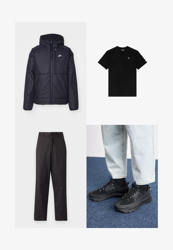 Casaco Nike preto, acolchoado, com fecho à frente e capuz. Apresenta um logo branco no lado esquerdo do peito e dois bolsos frontais. Textura exterior lisa.; T-shirt preta de algodão com decote redondo, mangas curtas, com um pequeno logótipo branco no lado esquerdo do peito e sem padrões ou detalhes adicionais.; Calças pretas feitas de um tecido de algodão misto, com um design de perna reta, bolsos frontais e uma cintura padrão com passantes para cinto.; Sapatilhas desportivas pretas com tecido texturizado e solas em borracha, apresentando atacadores elásticos e um detalhe azul no calcanhar. Usadas com calças de ganga claras.