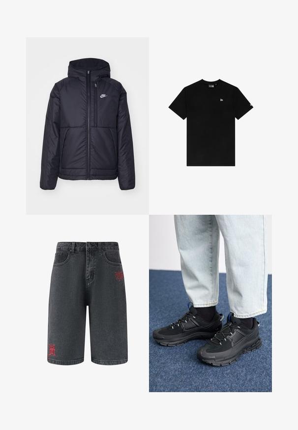 Sort, polstret Nike-jakke med frontlynlås og hætte. Har et hvidt logo på venstre bryst og to frontlommer. Glat ydre tekstur.; Sort bomulds t-shirt med rund hals, korte ærmer, udstyret med et lille hvidt logo på venstre bryst og uden yderligere mønstre eller accenter.; Sorte denim shorts med forlommer og dekorativ rød broderi på venstre ben, med et brandlogo og designtema.; Sorte træningssko med tekstureret stof og gummisåler, udstyret med elastiske snørebånd og en blå detalje på hælen. Bæres med lyse denimbukser.