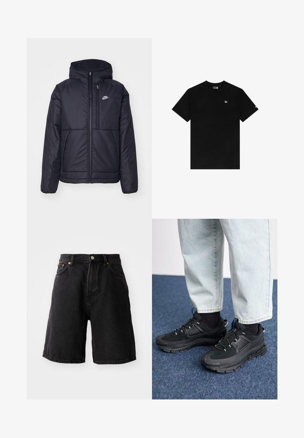 Veste Nike noire rembourrée avec une fermeture éclair sur le devant et une capuche. Elle présente un logo blanc sur la poitrine gauche et deux poches avant. Texture extérieure lisse.; T-shirt en coton noir avec un col rond, des manches courtes, présentant un petit logo blanc sur le côté gauche de la poitrine et sans autres motifs ni accents.; Shorts en denim noir à coupe loose, avec des accessoires en cuivre, cinq poches et un ourlet droit. Le tissu a une surface douce et texturée.; Des chaussures de sport noires avec un tissu texturé et des semelles en caoutchouc, dotées de lacets élastiques et d'un accent bleu au talon. Portées avec un pantalon en denim clair.