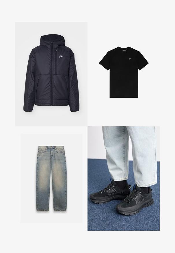 Casaco Nike preto, acolchoado, com fecho à frente e capuz. Apresenta um logo branco no lado esquerdo do peito e dois bolsos frontais. Textura exterior lisa.; T-shirt preta de algodão com decote redondo, mangas curtas, com um pequeno logótipo branco no lado esquerdo do peito e sem padrões ou detalhes adicionais.; Calças de ganga azul claro com um corte relaxado, apresentando um acabamento desbotado, cinco bolsos e um fecho de botão. Design de perna reta com costura minimal.; Sapatilhas desportivas pretas com tecido texturizado e solas em borracha, apresentando atacadores elásticos e um detalhe azul no calcanhar. Usadas com calças de ganga claras.