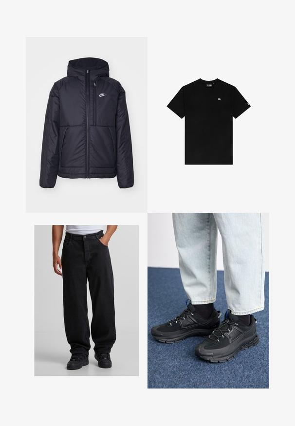 Svart, polstret Nike-jakke med frontglidelås og hette. Har en hvit logo på venstre bryst og doble frontlommer. Glatt ytterside.; Svart bomull T-skjorte med rund hals, korte ermer, med et lite hvitt logo på venstre bryst og ingen ekstra mønstre eller aksenter.; Sorte, løstsittende denimbukser med knappelukking og to frontlommer. Brukt med svarte joggesko og en hvit skjorte.; Svarte sportssko med teksturert stoff og gummisåler, med elastiske lisser og en blå detalj på hælen. Brukt med lyse denimbukser.