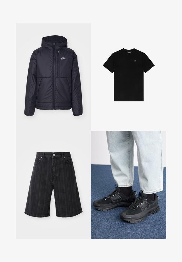 Musta, pehmustettu Nike-takki, jossa on etuvetoketju ja huppu. Vasemmassa rinnassa on valkoinen logo ja takissa on kaksinkertaiset etutaskut. Pintakoe on sileä.; Musta puuvillapaita pyöreällä kaula-aukolla, lyhyillä hihoilla, joissa on pieni valkoinen logo vasemmassa rinnassa eikä muita kuvioita tai koristeita.; Mustat farkkuhousut, joissa on leveä lahje, pystysuorat raidoitukset, etutaskut ja metalliset yksityiskohdat.; Mustat urheilukengät, joissa on teksturoitu kangas ja kumipohjat, elastiset nauhat ja sininen yksityiskohta kannassa. Yhdistetty vaaleisiin farkkuihin.