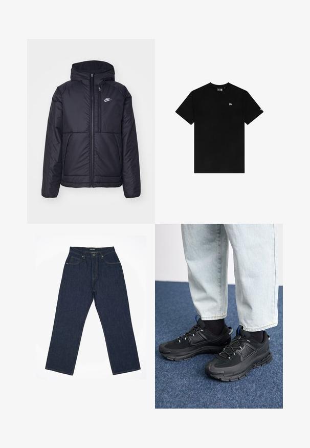 Jachetă Nike neagră, căptușită, cu fermoar pe față și glugă. Prezintă un logo alb pe pieptul stâng și două buzunare frontale. Textură exterioară netedă.; Tricou din bumbac negru, cu guler rotund, mâneci scurte, prezentând un mic logo alb pe partea stângă a pieptului și fără alte modele sau accente.; Jeans din denim de culoare albastru închis, cu un design drept, având cusături galbene, cinci buzunare și un sistem de închidere cu nasture la talie.; Pantofi sport negri, cu țesătură texturată și tălpi din cauciuc, având șireturi elastice și un accent albastru pe toc. Purtați cu pantaloni din denim deschis.