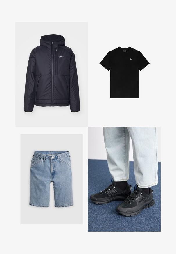 Must musta Nike jope, millel on ees lukuga avamine ja kapuuts. Vasakpoolne rind on kaunistatud valge logoga ning ees on kaks taskut. Sile välimine tekstuur.; Must mustrips, millede lõhikuga, lühikeste varrukatega, millel on vasakul rinnal väike valge logo ning ilma lisamustrite ja aktsentideta.; Heled sinise tooniga denimpüksid klassikalise lõikega. Omab nööpidega sulgumist, vöökohakinnitus silmuseid ja küljetaskuid. Servad on viimistletud ja kergete kulumismärkidega.; Mustad mustad jooksukingad, millel on tekstureeritud kangas ja kummist tallad, elastsed nöörid ning sinine aksent kandadel. Kandmine heledate teksadega.