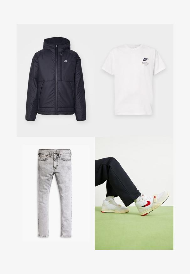 Musta, pehmustettu Nike-takki, jossa on etuvetoketju ja huppu. Vasemmassa rinnassa on valkoinen logo ja takissa on kaksinkertaiset etutaskut. Pintakoe on sileä.; Valkoinen puuvillapaita lyhyillä hihoilla, jossa on musta Nike-logo ja teksti "Vain valtuutetuille henkilöille" vasemmassa rinnassa.; Vaaleanharmaat farkut, joissa on haalistunut pinta, viisi taskua ja kontrastiväriset tikkaukset. Suorat lahkeet ja klassinen vyötärö.; Valkoiset ja kermaiset lenkkarit punaisella yksityiskohdalla, joissa on verkko- ja mokkamattoa, tekstuuripintaa sekä hihna edessä.