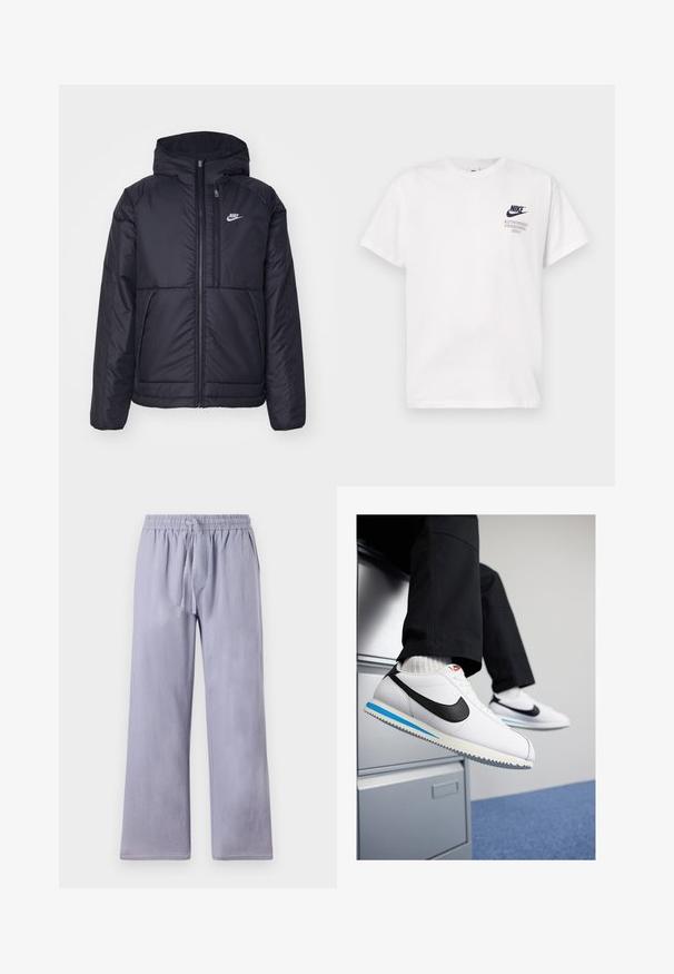 Fekete, párnázott Nike dzseki elülső cipzárral és kapucnival. A bal mellen fehér logó található, valamint két elülső zseb. Simának tűnő külső felület.; Fehér pamut póló rövid ujjú, bal mellen fekete Nike logóval és "CSAK FELHÍVOTT SZEMÉLYZET" felirattal.; Világoslila, laza szabású nadrág széles lábakkal, puha anyagból készült. Rugalmas derékpánttal és húzózsinórral rendelkezik az állítható illeszkedés érdekében.; Fehér bőr sportcipő fekete Nike logóval, világoskék és szürke gumitalppal, valamint klasszikus fűzős kialakítással. A lábak egy iratmegőrző szekrényen pihennek.