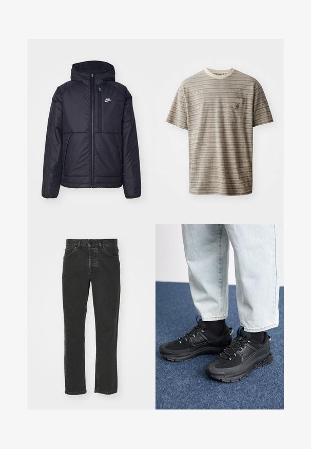 Czarna, pikowana kurtka Nike z przednim zamkiem błyskawicznym i kapturem. Posiada białe logo po lewej stronie klatki piersiowej oraz podwójne kieszenie z przodu. Gładka struktura zewnętrzna.; Koszulka z krótkim rękawem w paski w odcieniach beżu i brązu, z okrągłym dekoltem oraz kieszonką na piersi z naszywką logo. Teksturowana tkanina.; Czarne dżinsy z prostą nogawką, klasyczny styl z pięcioma kieszeniami, zapięcie na guzik w pasie i zniszczonym wykończeniem. Gładka tekstura, bez widocznych wzorów.; Czarne buty sportowe z teksturowanej tkaniny i gumowymi podeszwami, z elastycznymi sznurówkami i niebieskim akcentem na pięcie. Noszone z jasnymi dżinsami.