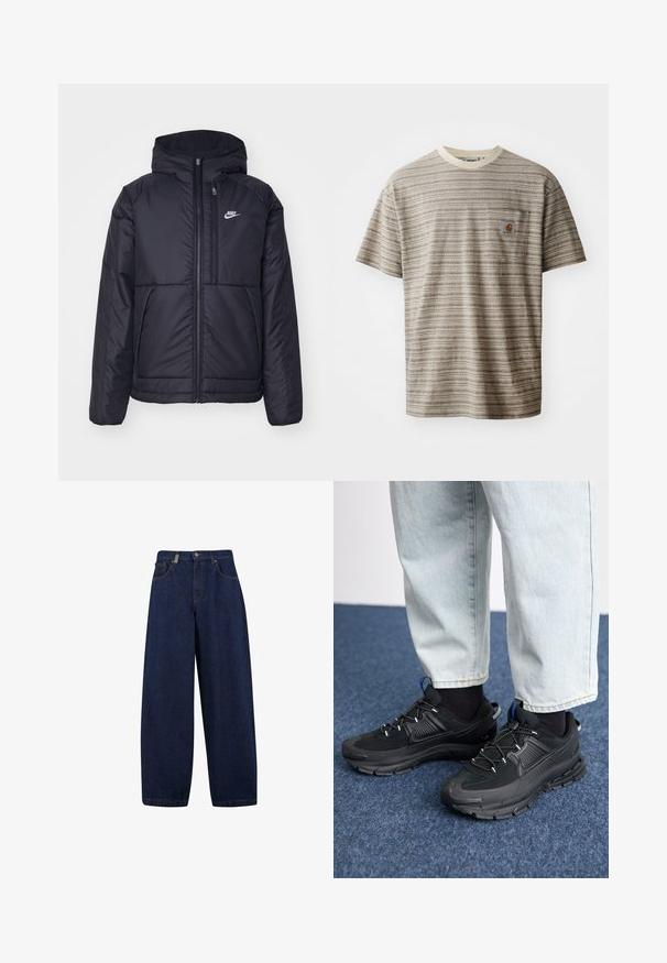 Černá zateplená bunda Nike s předním zipem a kapucí. Na levé straně hrudi má bílé logo a dvojité přední kapsy. Hladký povrch.; Krátký rukáv pruhované tričko v béžové a hnědé barvě, s kulatým výstřihem a náprsní kapsou s logem. Texturovaná tkanina.; Volné tmavě modré džíny s vysokým pasem, předními kapsami a rovnými nohavicemi. Obsahují stříbrné detaily a minimální šití.; Černé sportovní boty s texturovanou tkaninou a gumovou podrážkou, s elastickými tkaničkami a modrým akcentem na patě. Nosí se s světlými džíny.
