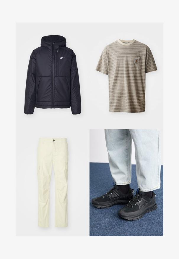 Svart, polstret Nike-jakke med frontglidelås og hette. Har en hvit logo på venstre bryst og doble frontlommer. Glatt ytterside.; Kortermet stripete t-skjorte i beige og brun, med rund hals og brystlomme med logopatch. Teksturert stoff.; Beige cargo-bukser laget av lett materiale, med sidelommer, knappelukking og rette ben. Jevn tekstur med skreddersydde sømmer.; Svarte sportssko med teksturert stoff og gummisåler, med elastiske lisser og en blå detalj på hælen. Brukt med lyse denimbukser.