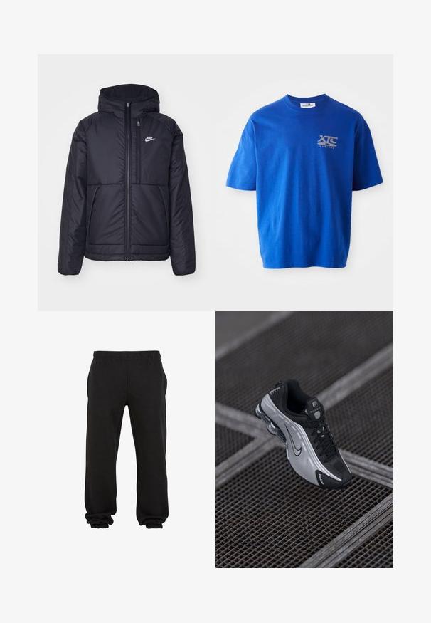 Fekete, párnázott Nike dzseki elülső cipzárral és kapucnival. A bal mellen fehér logó található, valamint két elülső zseb. Simának tűnő külső felület.; Kék pamut póló rövid ujjakkal, amelyen egy szürke logó található a bal felső mellen, kerek nyakkivágással és laza fazonnal.; Fekete melegítőnadrág puha anyagból, rugalmas derékrésszel és rugalmas mandzsettákkal a bokánál, amelyek laza illeszkedést és kényelmet biztosítanak.; Nike sportcipő fekete és ezüst dizájnnal. Szintetikus anyagból készült, hálós kiemelésekkel és támogató talppal, látható légpárnázással.