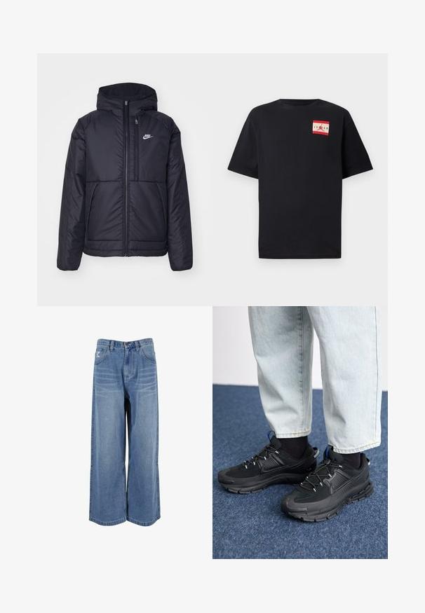 Musta, pehmustettu Nike-takki, jossa on etuvetoketju ja huppu. Vasemmassa rinnassa on valkoinen logo ja takissa on kaksinkertaiset etutaskut. Pintakoe on sileä.; Mustapaitainen lyhythihainen t-paita, joka on valmistettu puuvillasta. Vasemmassa rintataskussa on punavalkoinen graafinen logopatch. Klassinen pyöreä kaula-aukko.; Sinisiä leveälahkeisia farkkuja, joissa on korkea vyötärö, etutaskut ja ommeltu yksityiskohta lahkeissa. Teksturoitu, haalistunut pinta ja rento istuvuus.; Mustat urheilukengät, joissa on teksturoitu kangas ja kumipohjat, elastiset nauhat ja sininen yksityiskohta kannassa. Yhdistetty vaaleisiin farkkuihin.