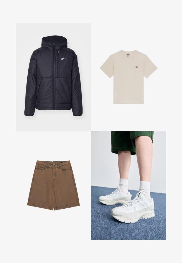 Čierna, polstrovaná bunda Nike so zipsom vpredu a kapucňou. Na ľavej strane hrude sa nachádza biele logo a sú tu dva predné vrecká. Hladký vonkajší povrch.; Krémový bavlnený tričko s krátkymi rukávmi, okrúhlym výstrihom a malým mnohobarevným vyšitým logom na hrudi.; Hnedé denimové šortky s rovný strihom, veľkými bočnými vreckami, detailom loga na páse a kontrastným šitím pozdĺž švov.; Biele športové topánky s textúrovanými prešívaniami, robustnou podrážkou a sivými akcentami. Nosené s bielymi ponožkami po členky a zelenými šortkami na modrom povrchu.