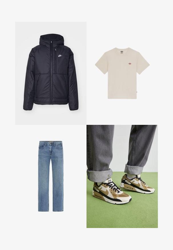 Svart, polstret Nike-jakke med frontglidelås og hette. Har en hvit logo på venstre bryst og doble frontlommer. Glatt ytterside.; Kremfarget bomullst-skjorte med korte ermer, rund hals og en liten flerfarget brodert logo på brystet.; Lyseblå denimbukser med rett ben, med klassisk femlommersdesign og synlige sømdetaljer. Ingen pynt.; Nike Air Max 90 sko i beige og svart, med mesh- og lærematerialer, synlig demping og svarte snører.