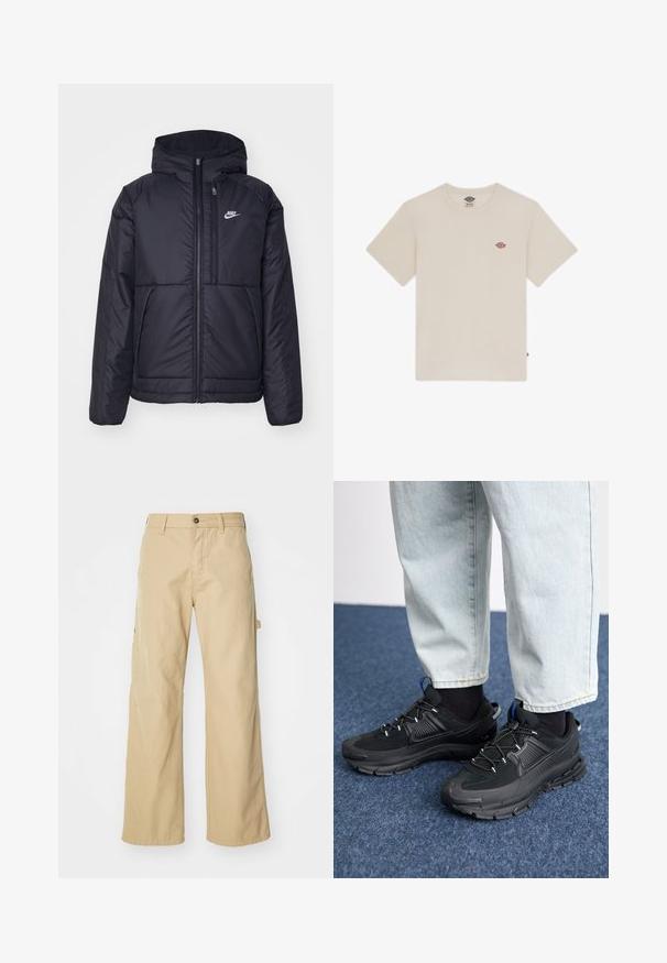 Must musta Nike jope, millel on ees lukuga avamine ja kapuuts. Vasakpoolne rind on kaunistatud valge logoga ning ees on kaks taskut. Sile välimine tekstuur.; Kreemivärvi puuvillane T-särk, lühikeste varrukatega, ümar kaelus ja väike mitmevärviline tikand logo rinnal.; Beežid laiad cargo püksid nööpidega sulgemisega, küljetaskudega, valmistatud vastupidavast puuvillast kangast, siledat tekstuuri ja sirge lõikega.; Mustad mustad jooksukingad, millel on tekstureeritud kangas ja kummist tallad, elastsed nöörid ning sinine aksent kandadel. Kandmine heledate teksadega.