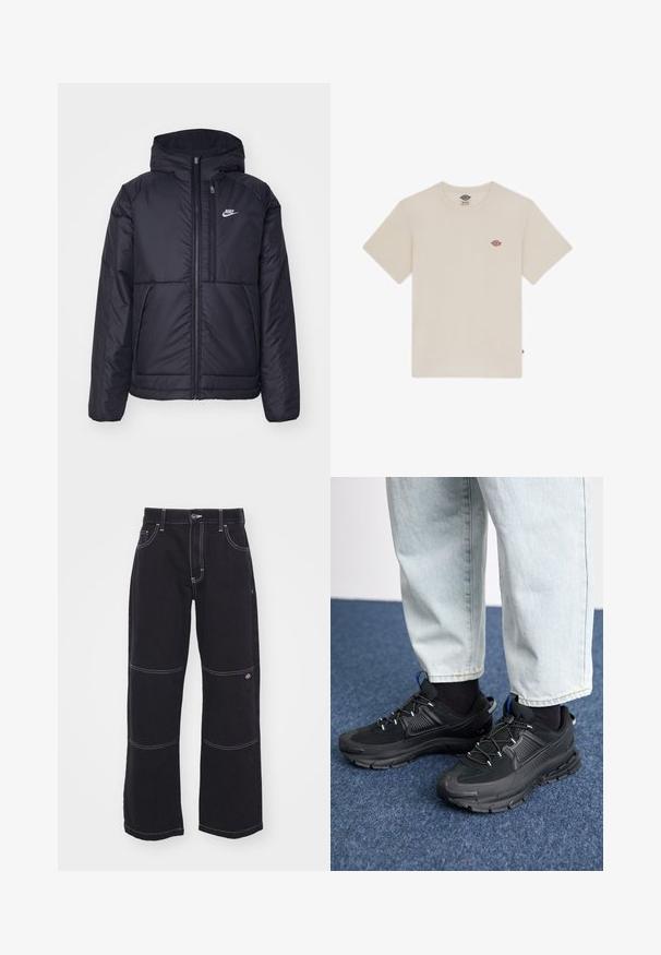 Casaco Nike preto, acolchoado, com fecho à frente e capuz. Apresenta um logo branco no lado esquerdo do peito e dois bolsos frontais. Textura exterior lisa.; Camiseta de algodão creme com mangas curtas, decote redondo e um pequeno logo bordado multicolorido no peito.; Dickies DOUBLE KNEE  - Calças de ganga de trabalho - black denim; Sapatilhas desportivas pretas com tecido texturizado e solas em borracha, apresentando atacadores elásticos e um detalhe azul no calcanhar. Usadas com calças de ganga claras.