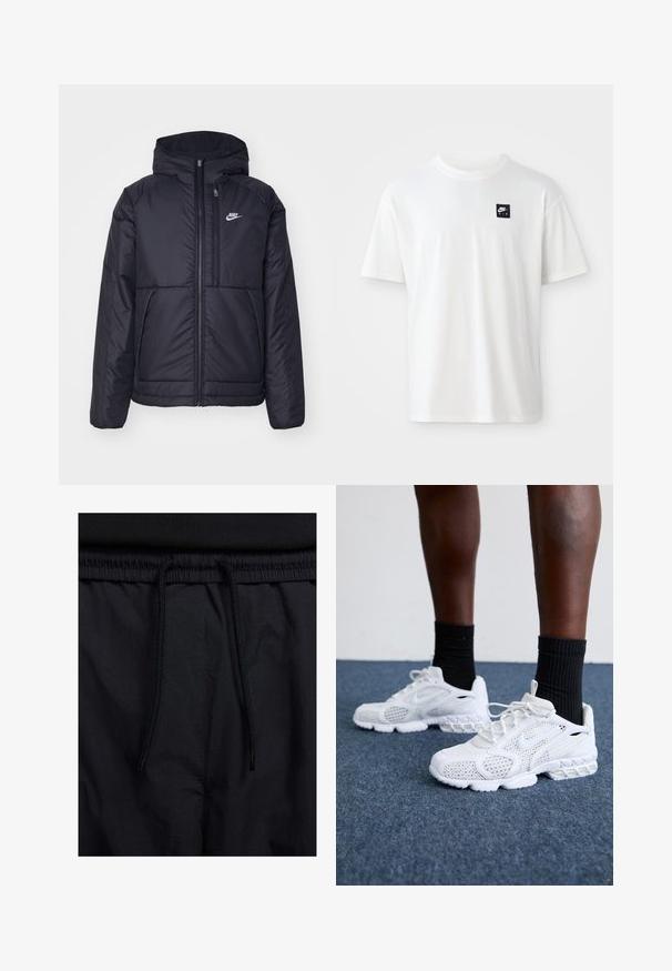 Svart, polstret Nike-jakke med frontglidelås og hette. Har en hvit logo på venstre bryst og doble frontlommer. Glatt ytterside.; Hvit bomull t-skjorte med korte ermer og rund hals; har en liten svart rektangulær Nike Air-logo på venstre bryst.; Sorte shorts med snor i livet, lett stoff med en jevn tekstur, og et enkelt design uten synlige logoer eller mønstre.; Hvite joggesko med mesh-overdel, teksturerte detaljer og polstret såle. Kombinert med svarte ribbede ankelstrømper på et blått teppet.