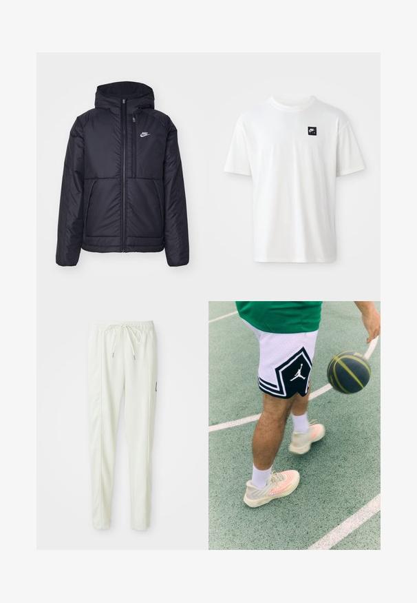 Juodas, paminkštintas Nike džemperis su priekyje užtrauktuku ir gobtuvu. Pasižymi balta logo kairėje krūtinės pusėje ir dviem priekinėmis kišenėmis. Su lygiu išoriniu paviršiumi.; Balta medvilnės marškinėliai su trumpomis rankovėmis ir apvalia iškirpte; ant kairiojo krūtinės puikuojasi mažas juodas stačiakampis "Nike Air" logotipas.; Baltos lieknos jogger kelnes su elastinga juosta ir raišteliu, turinčios šonines siūles ir mažą juodą emblemą dešinėje kojoje.; Juodos ir baltos krepšinio šortai su deimanto raštu ir logotipu. Šviesios spalvos sportbačiai su sūkuriniu raštu ir akcento linijomis. Krepšinis judesyje.