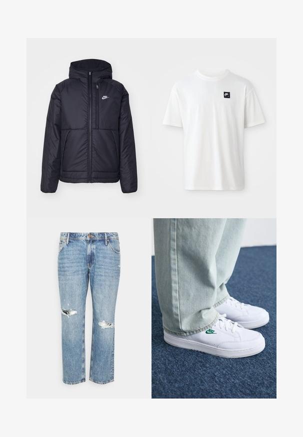 Black, padded Nike jacket with a front zipper and hood. Features a white logo on the left chest and dual front pockets. Smooth exterior texture.; White cotton t-shirt with short sleeves and a crew neck; features a small black rectangular Nike Air logo on the left chest.; Light blue denim jeans with a straight cut, featuring distressed rips at the knees and subtle fading for texture. Classic five-pocket design.; White leather sneakers with green Nike logo, round toe, flat sole, paired with light blue denim pants, shown on a blue carpet.