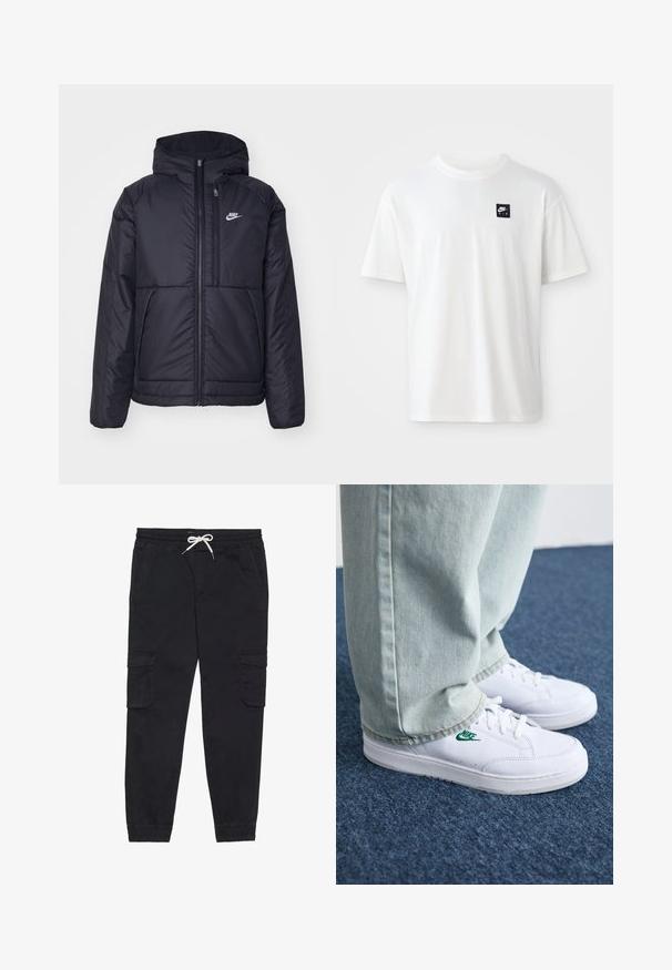 Casaco Nike preto, acolchoado, com fecho à frente e capuz. Apresenta um logo branco no lado esquerdo do peito e dois bolsos frontais. Textura exterior lisa.; T-shirt branca em algodão com mangas curtas e decote redondo; apresenta um pequeno logótipo retangular preto da Nike Air no lado esquerdo do peito.; Calças cargo pretas em algodão, com um cós elástico e cordão, bolsos laterais e punhos ajustados.; Tênis de couro brancos com logo verde da Nike, bico redondo, sola plana, combinados com calças de denim azul claro, exibidos sobre um tapete azul.