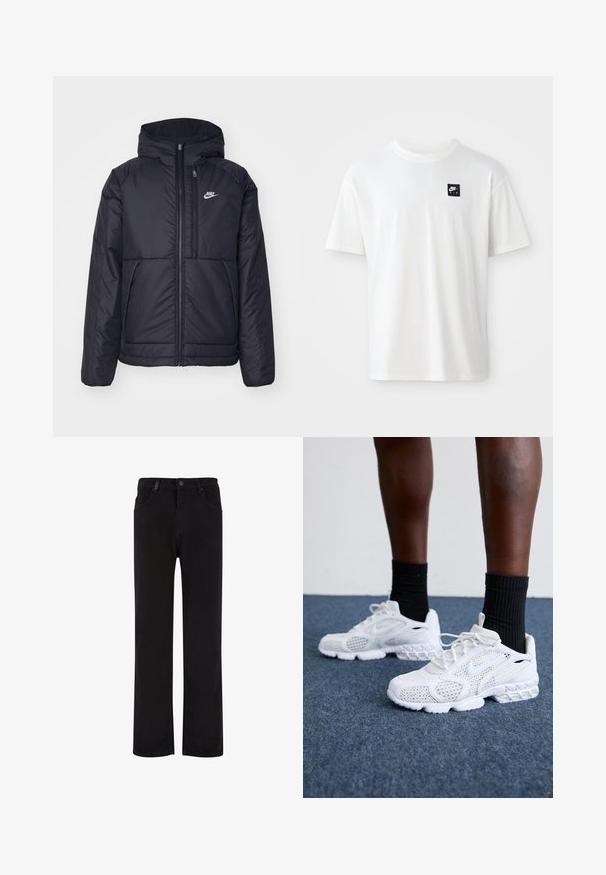Svart, polstret Nike-jakke med frontglidelås og hette. Har en hvit logo på venstre bryst og doble frontlommer. Glatt ytterside.; Hvit bomull t-skjorte med korte ermer og rund hals; har en liten svart rektangulær Nike Air-logo på venstre bryst.; Svarte denimbukser med rett ben-design, som har knappelukking, beltehemper og frontlommer. Glatt tekstur og ensartet farge.; Hvite joggesko med mesh-overdel, teksturerte detaljer og polstret såle. Kombinert med svarte ribbede ankelstrømper på et blått teppet.