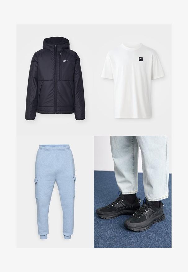Must musta Nike jope, millel on ees lukuga avamine ja kapuuts. Vasakpoolne rind on kaunistatud valge logoga ning ees on kaks taskut. Sile välimine tekstuur.; Valge puuvillane T-särk lühikeste varrukatega ja ümar kaelus; vasakul rinnaosal on väike must ristkülikukujuline Nike Air logo.; Heledad sinine fliisist kargo joggers, elastse vöökoha, külgflapi taskute ja mansettidega pahkluudel, valgel taustal.; Mustad mustad jooksukingad, millel on tekstureeritud kangas ja kummist tallad, elastsed nöörid ning sinine aksent kandadel. Kandmine heledate teksadega.