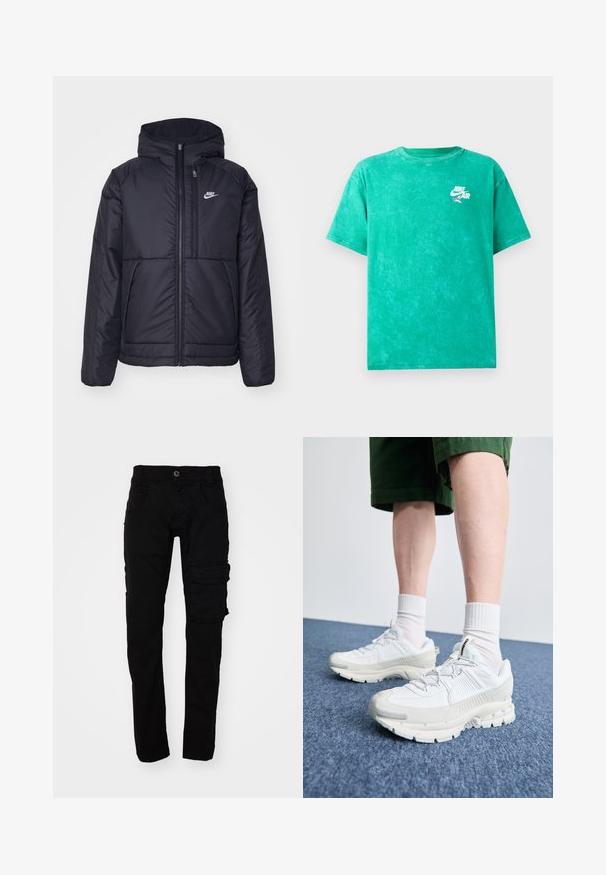 Black, padded Nike jacket with a front zipper and hood. Features a white logo on the left chest and dual front pockets. Smooth exterior texture.; Green tie-dye t-shirt made of cotton. Features a crew neck, short sleeves, and a small white Nike Air logo on the left chest area.; Black cargo pants with a slim fit, made of durable cotton fabric. Features multiple pockets and a button closure at the waist.; White athletic shoes with textured overlays, a chunky sole, and gray accents. Worn with white crew socks and green shorts on a blue surface.
