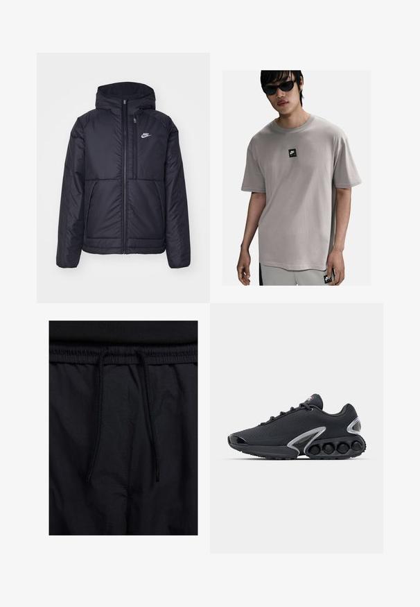 Sort, polstret Nike-jakke med frontlynlås og hætte. Har et hvidt logo på venstre bryst og to frontlommer. Glat ydre tekstur.; Grå bomulds t-shirt med korte ærmer og rund halsudskæring. Har et lille sort Nike Air logo patch på fronten. Enkelt stofstruktur.; Sorte shorts med snoretræk i taljen, letvægtsstof med en glat tekstur og et simpelt design uden synlige logoer eller mønstre.; Sorte sportsko med en tekstureret overdel, rund tå og en særpræget sål med flere cirkulære detaljer. Sølvhardware-detaljer.
