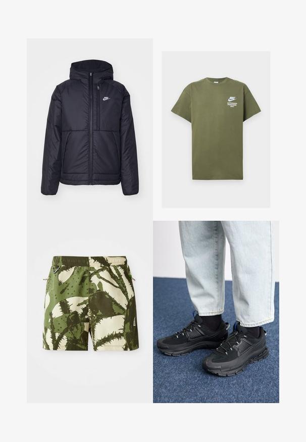 Juodas, paminkštintas Nike džemperis su priekyje užtrauktuku ir gobtuvu. Pasižymi balta logo kairėje krūtinės pusėje ir dviem priekinėmis kišenėmis. Su lygiu išoriniu paviršiumi.; Olive spalvos medvilninė marškinė su trumpomis rankovėmis, apvalia iškirpte ir baltu spaudiniu: "TIK NIKE ĮGALIOTI ASMENYS" priekyje.; Žalios ir smėlio spalvos maudymosi šortai su kaktusų raštu, elastinga juostos dalimi, raišteliu ir šoninėmis kišenėmis. Patvari medžiaga su tekstūruotu paviršiumi.; Juodi sportiniai bateliai su tekstūruota medžiaga ir guminiais padais, su elastingomis raišteliais ir mėlynu akcentu ant kulno. Dėvimi su šviesiai mėlynomis džinsinėmis kelnėmis.