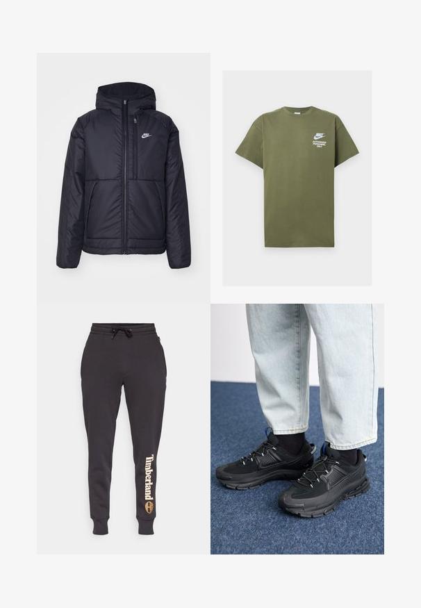 Black, padded Nike jacket with a front zipper and hood. Features a white logo on the left chest and dual front pockets. Smooth exterior texture.; Olive green cotton t-shirt with short sleeves, crew neck, and white printed text: "NIKE AUTHORIZED PERSONNEL ONLY" on the front.; Black sweatpants made of soft fabric, featuring an elastic waistband with drawstring, tapered legs, and a printed "Timberland" logo in light beige.; Black athletic shoes with textured fabric and rubber soles, featuring elastic laces and a blue accent on the heel. Worn with light denim pants.