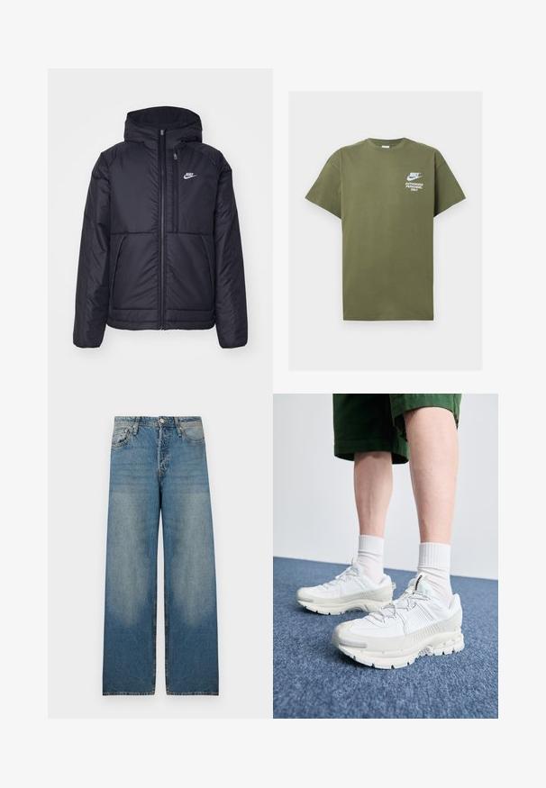 Casaco Nike preto, acolchoado, com fecho à frente e capuz. Apresenta um logo branco no lado esquerdo do peito e dois bolsos frontais. Textura exterior lisa.; Camisa de algodão verde-oliva com mangas curtas, decote redondo e texto impresso em branco: "PESSOAL AUTORIZADO NIKE APENAS" na frente.; Jeans de perna larga em denim azul claro, com cintura alta, design de cinco bolsos e áreas desbotadas para um estilo vintage.; Sapatos atléticos brancos com sobreposições texturizadas, sola espessa e detalhes em cinza. Usados com meias brancas até ao tornozelo e calções verdes sobre uma superfície azul.