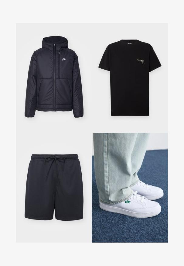 Črna, podložena Nike jakna z sprednjim zadrgo in kapuco. Ima bel logo na levem prsnem delu in dvojna sprednja žepa. Gladka zunanja tekstura.; Črna bombažna majica s kratkimi rokavi, okroglo izrezano ovratnikom in majhnim belim logotipom natisnjenim na levem delu prsnega koša.; Črne športne kratke hlače iz teksturiranega, zračnega materiala; imajo elastičen pas z vrvico za prilagodljivo prileganje.; Bela usnjena športna obutev z zelenim Nike logotipom, okrogla konica, ravna podplat, v kombinaciji z svetlo modrimi kavbojkami, prikazana na modrem preprogu.