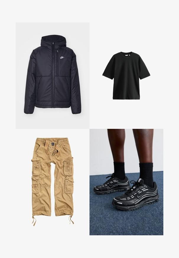 Črna, podložena Nike jakna z sprednjim zadrgo in kapuco. Ima bel logo na levem prsnem delu in dvojna sprednja žepa. Gladka zunanja tekstura.; Črna kratka majica s kratkimi rokavi, izdelana iz bombaža, z okroglim izrezom in sproščenim krojem, mehke teksture in minimalnimi detajli.; Khaki cargo hlače z več stranskimi žepi, z gumbom za zapiranje, elastičnim pasom in nastavljivimi manšetami. Narejene so iz trpežnega blaga.; Črne Nike čevlje imajo mrežasto zgornji del z naglasnimi črtami, teksturirane vezalke in črn gumijast podplat. Nosijo se s črnimi rebrastimi nogavicami.